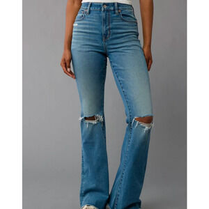 American Eagle Women Jeans, Distressed Super Hi-Rise Fray Flare Jeans, Sz 4S